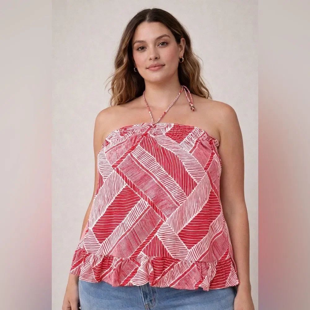 Anthropologie Maeve Halter Ruffle Top Red White Large Boho Vacation